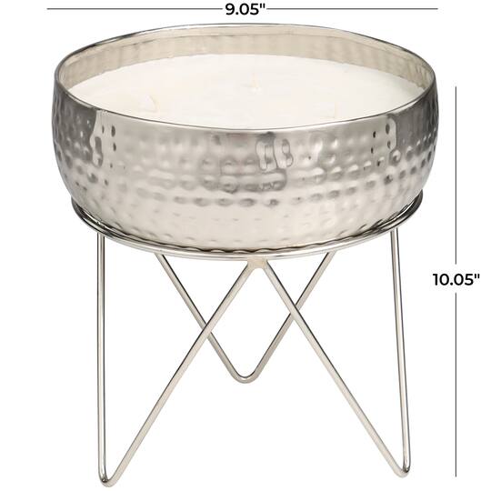 70oz. Campfire Scented White 4 Wick Candle in Silver Bowl with Tripod Stand